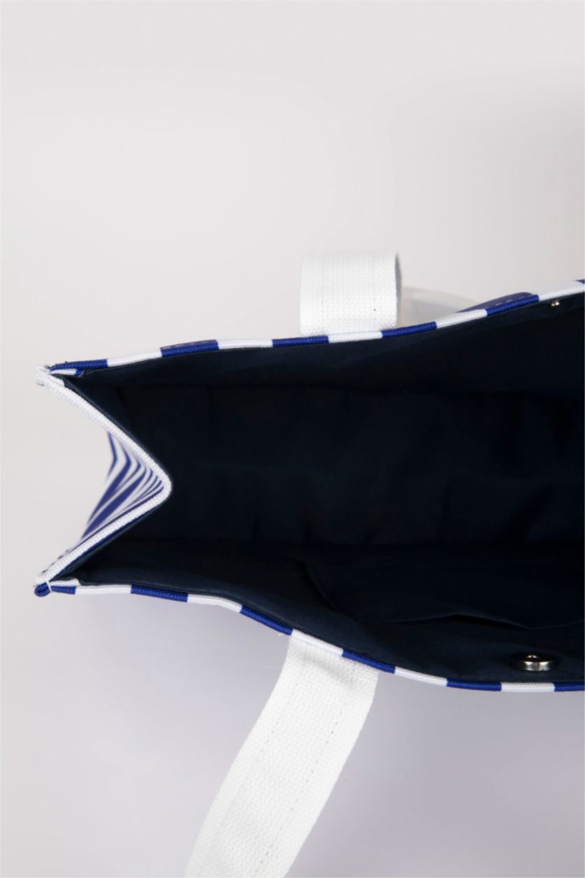 Kadın Lacivert Kadın Çizgi Desenli Kanvas El Çantası