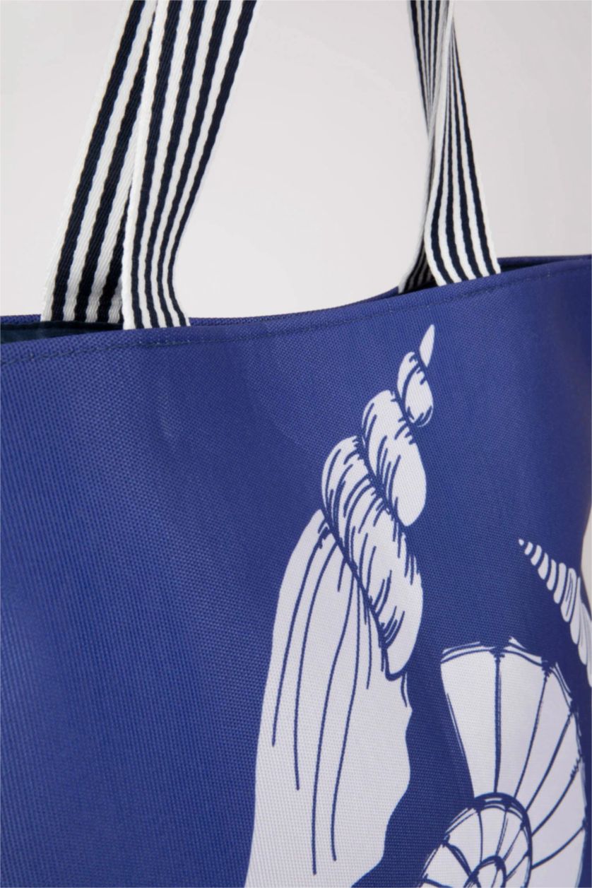 Kadın Lacivert Kadın Deniz Kabuğu Desenli Kanvas El Çantası