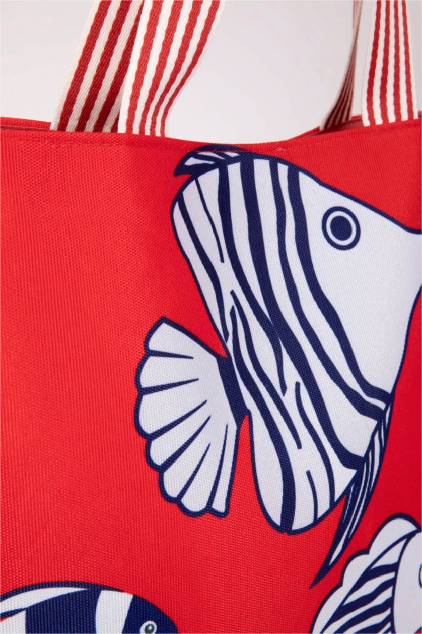 Kadın Kırmızı Kadın Balık Desenli Kanvas El Çantası