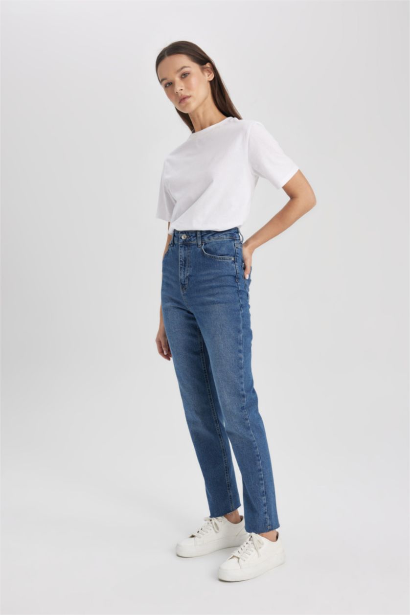 نساء أزرق بنطلون جينز فينتج بقصة مستقيمة خصر عالي وحافة ممزقة