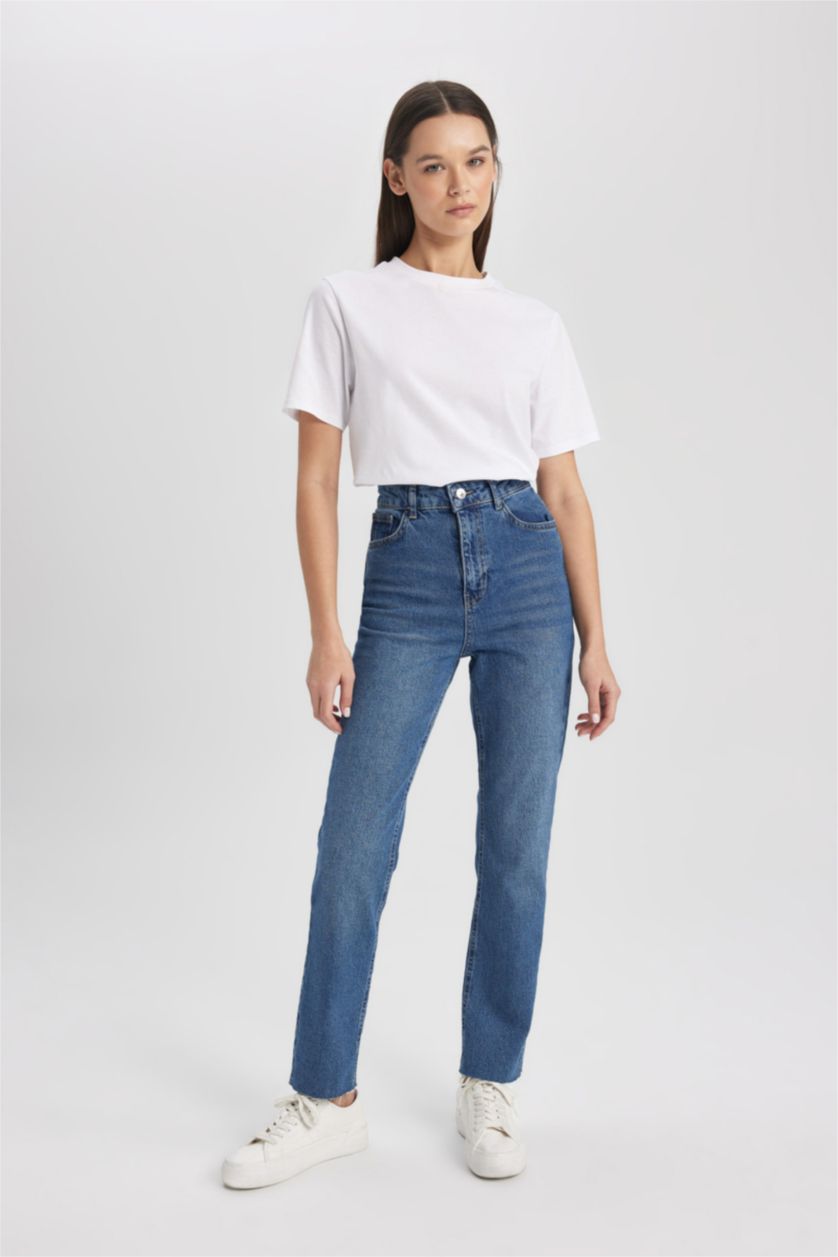 نساء أزرق بنطلون جينز فينتج بقصة مستقيمة خصر عالي وحافة ممزقة