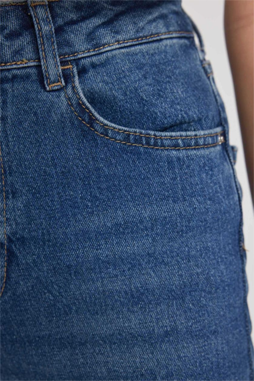 نساء أزرق بنطلون جينز فينتج بقصة مستقيمة خصر عالي وحافة ممزقة