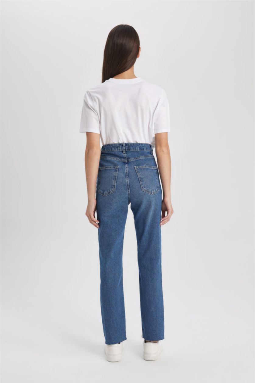 نساء أزرق بنطلون جينز فينتج بقصة مستقيمة خصر عالي وحافة ممزقة