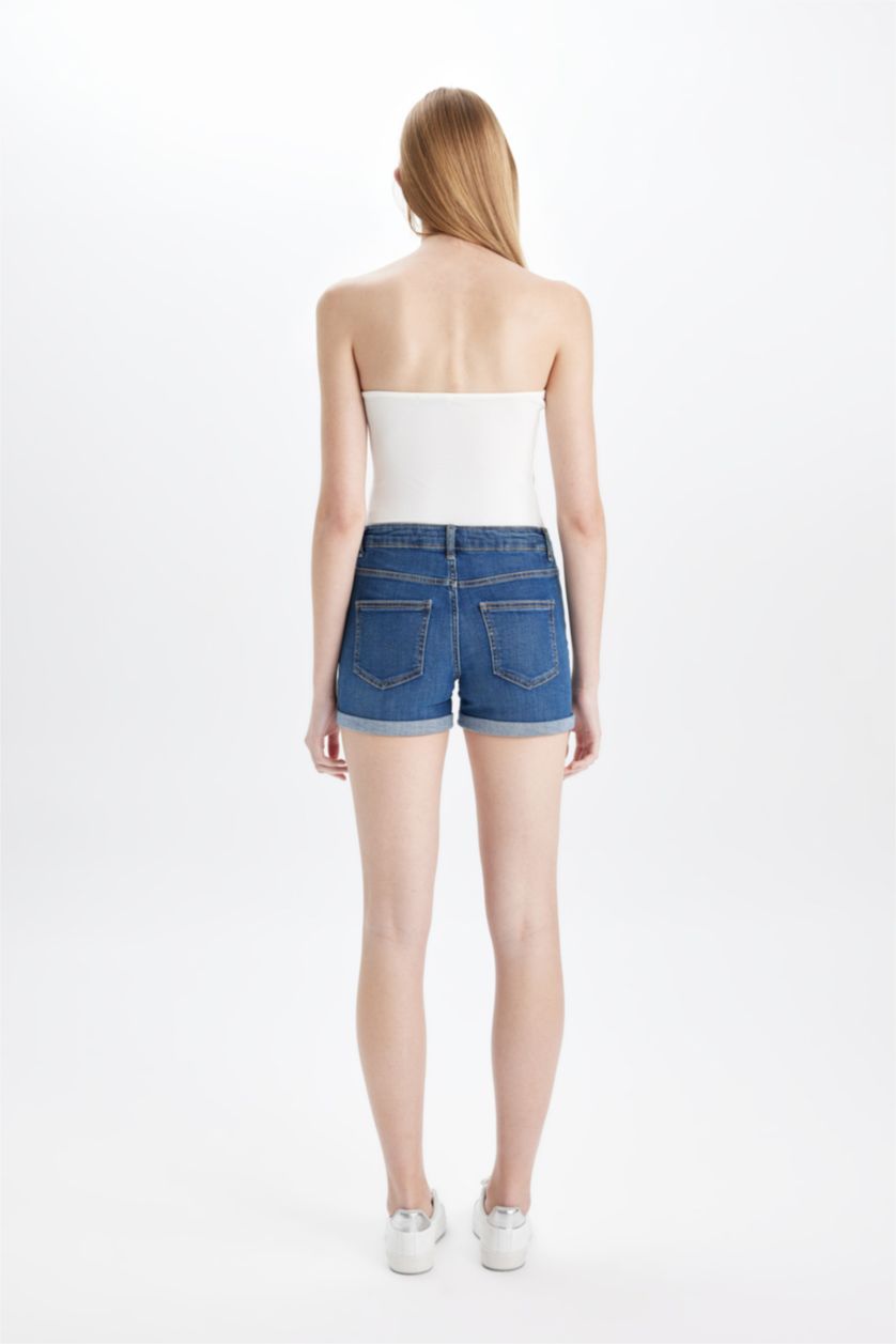 نساء أزرق غامق شورت جينز بخصر عالي