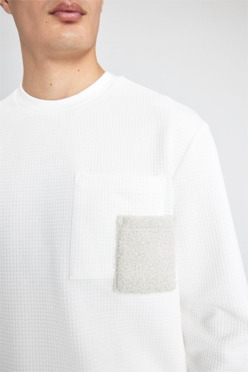 Erkek Kırık Beyaz Regular Fıt Bisiklet Yaka Sweatshirt