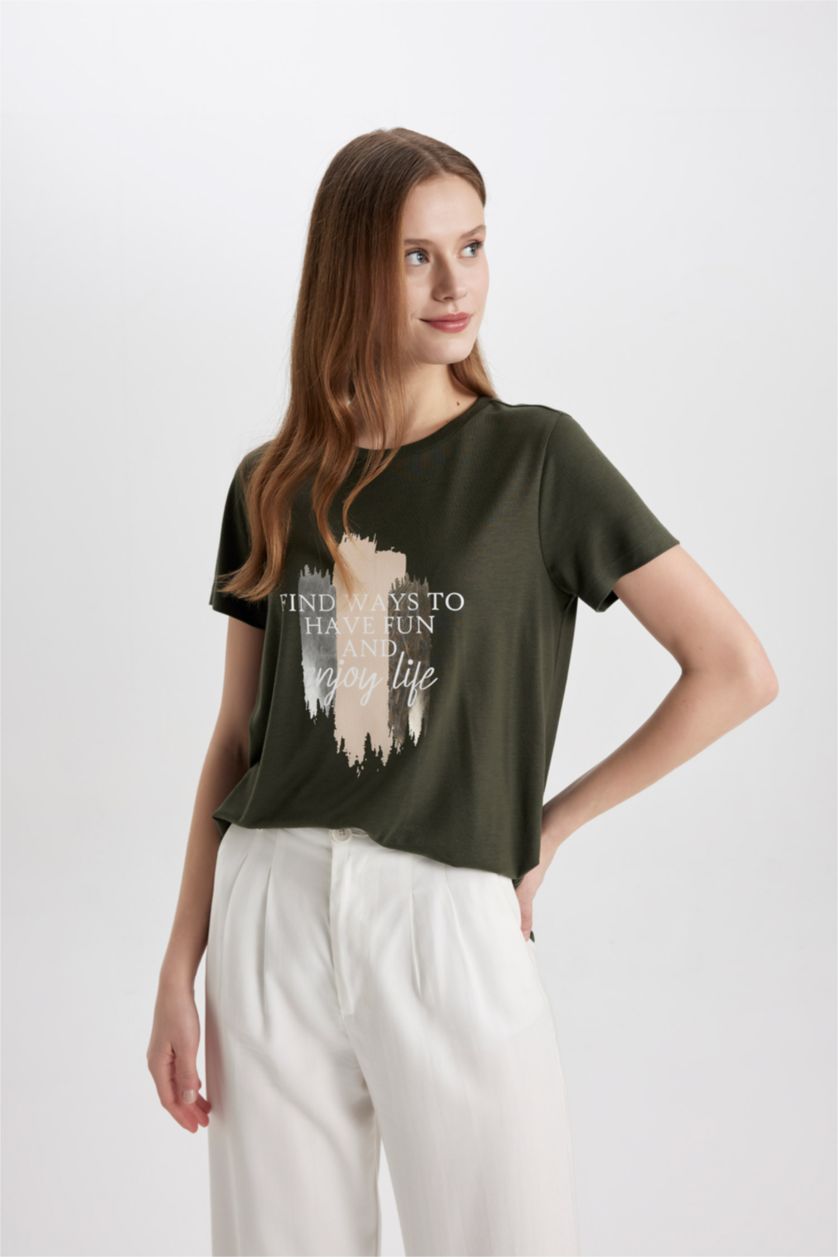 Женщины Темный хаки Футболка свободного кроя с круглым вырезом и принтом