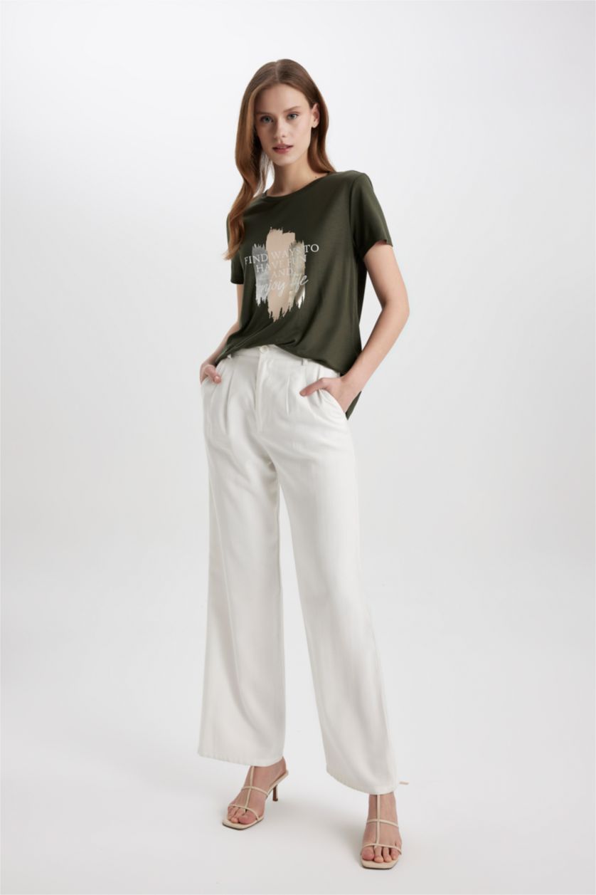 Женщины Темный хаки Футболка свободного кроя с круглым вырезом и принтом