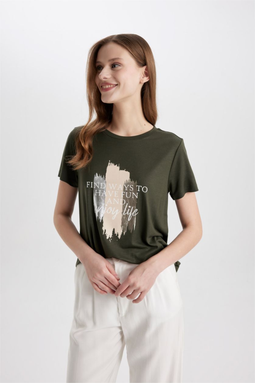 Женщины Темный хаки Футболка свободного кроя с круглым вырезом и принтом