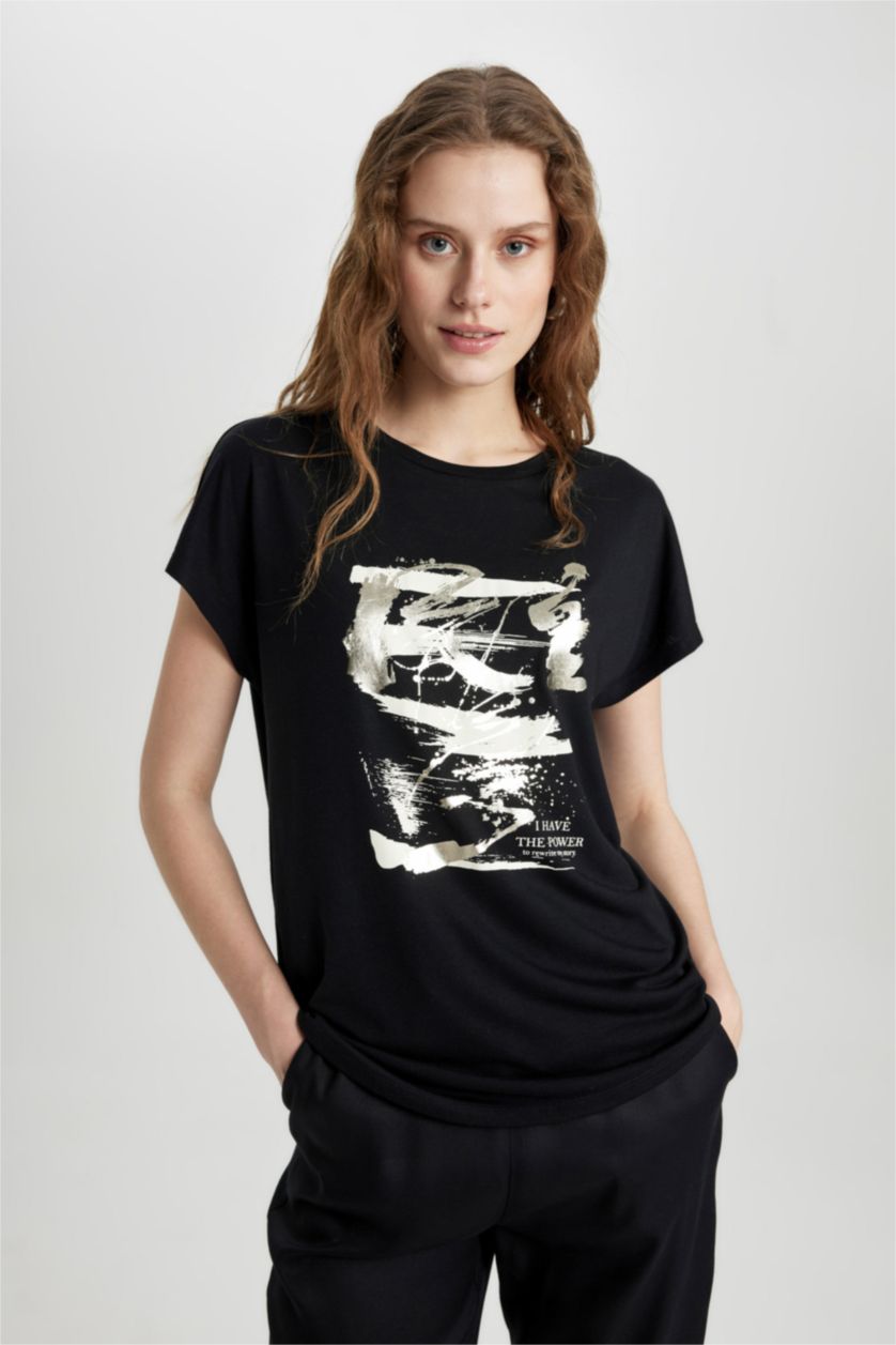 Женщины Черный Футболка с круглым вырезом с принтом