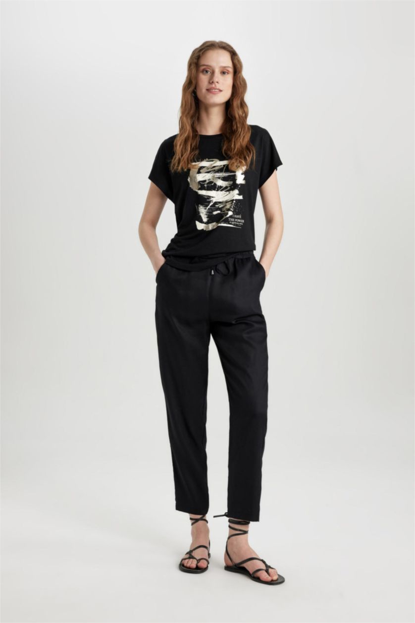 Женщины Черный Футболка с круглым вырезом с принтом