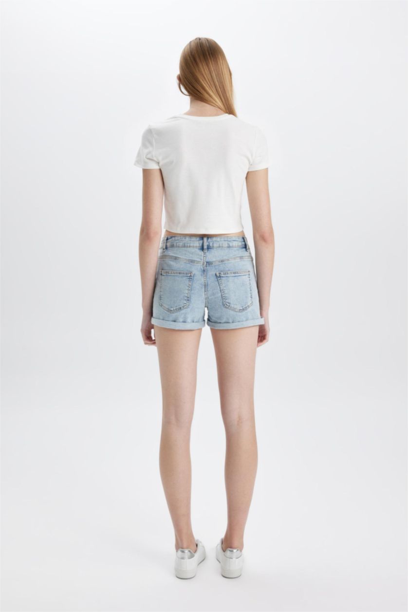 نساء أزرق فاتح شورت جينز بخصر عالي