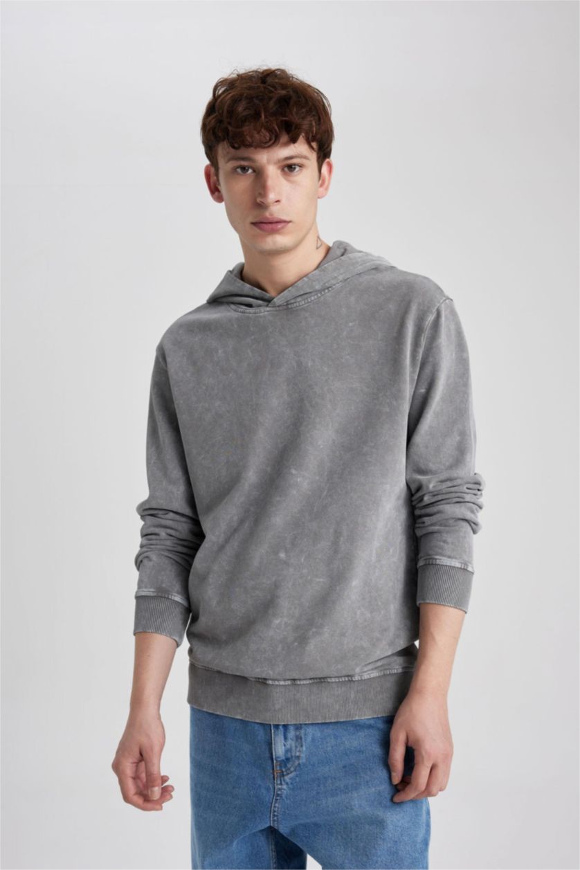 MAN Grey Regular Fit Hooded Washed Effect Basic Sweatshirt