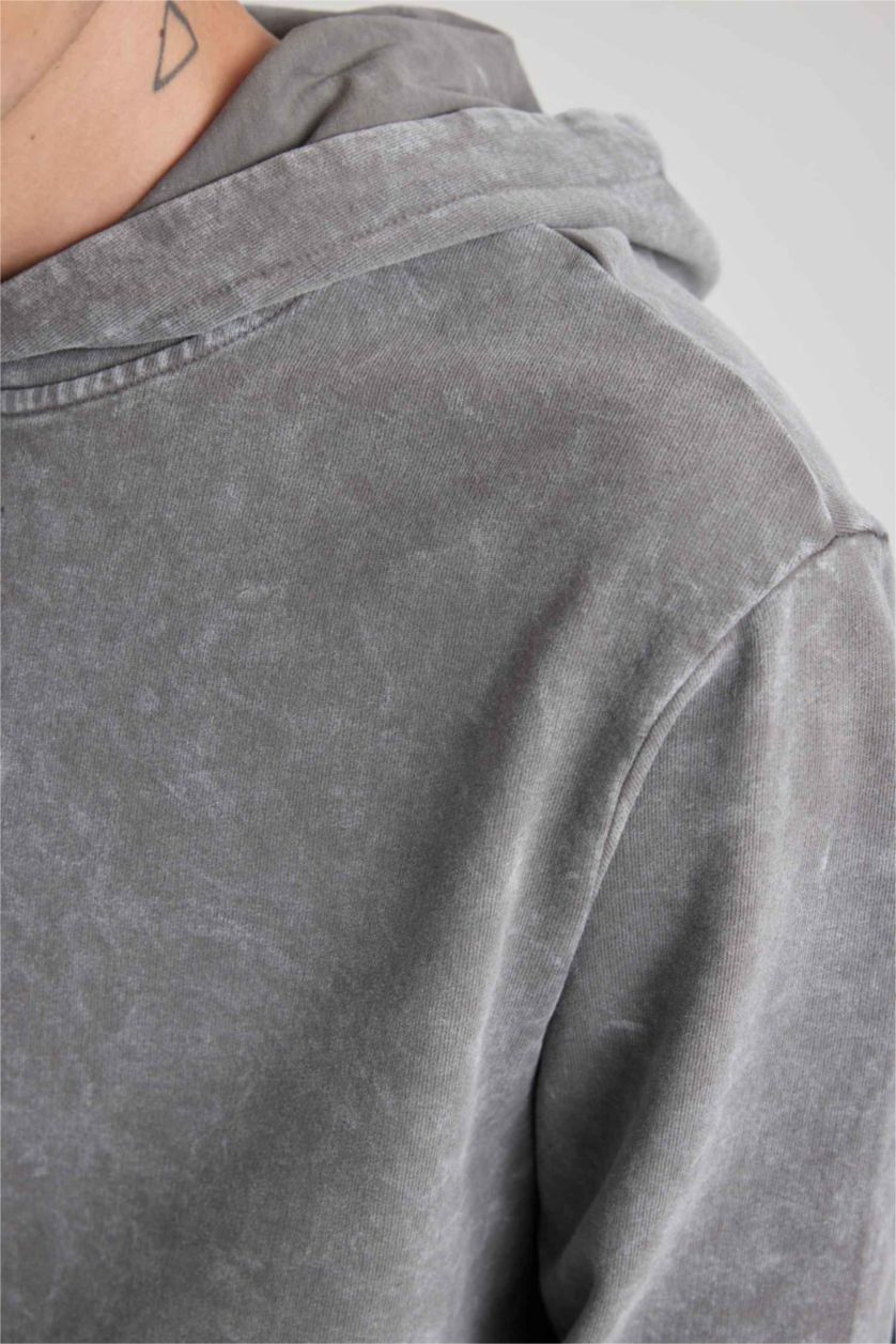 MAN Grey Regular Fit Hooded Washed Effect Basic Sweatshirt