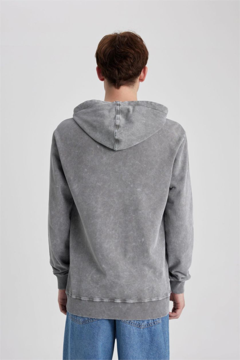 MAN Grey Regular Fit Hooded Washed Effect Basic Sweatshirt