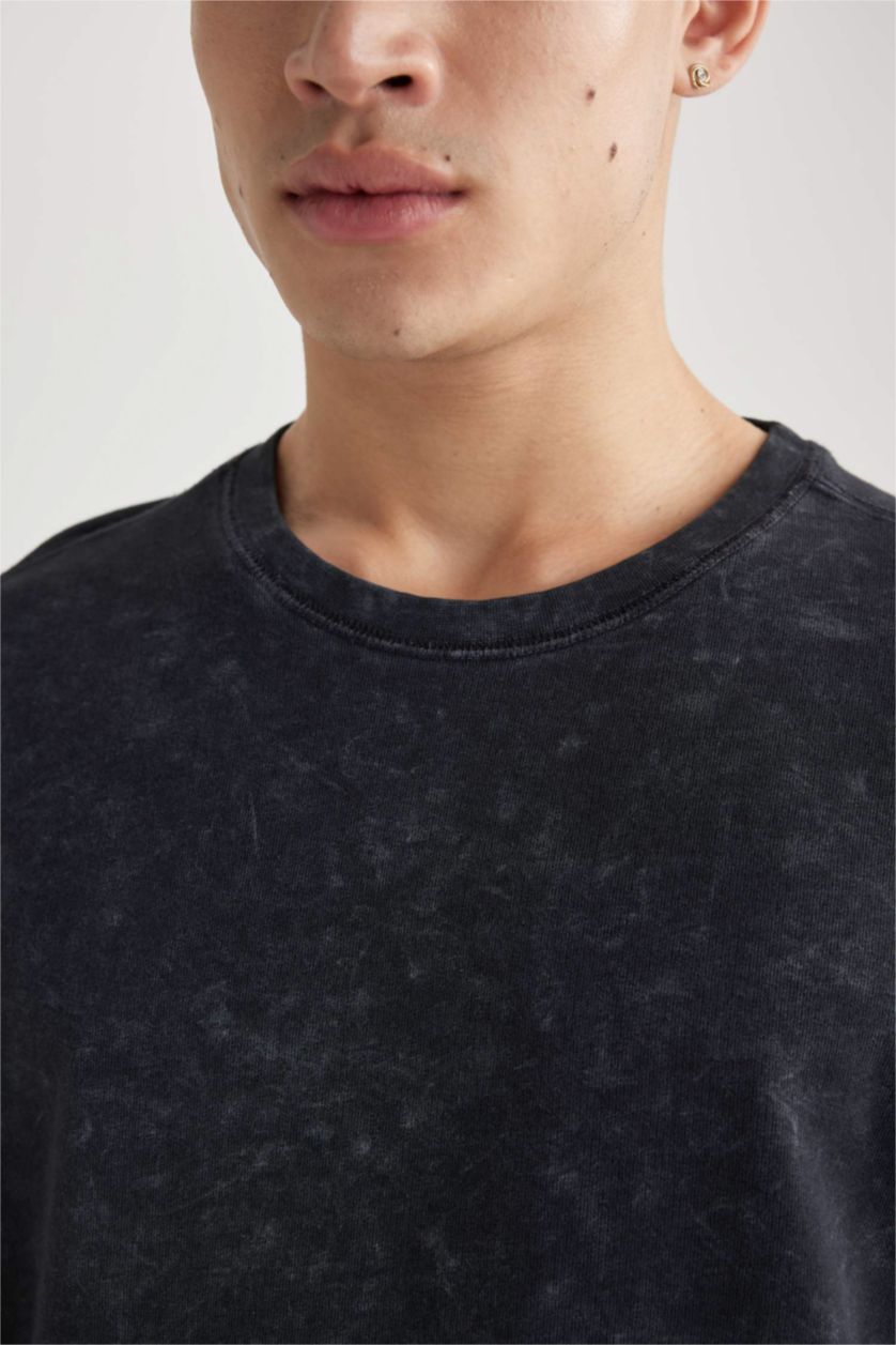 Erkek Antrasit Comfort Regular Fit Rahat Kalıp Bisiklet Yaka Yıkamalı Soluk Efektli Kısa Kollu Tişört