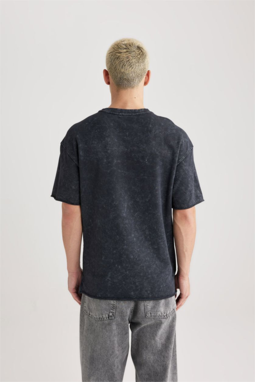 Erkek Antrasit Comfort Regular Fit Rahat Kalıp Bisiklet Yaka Yıkamalı Soluk Efektli Kısa Kollu Tişört