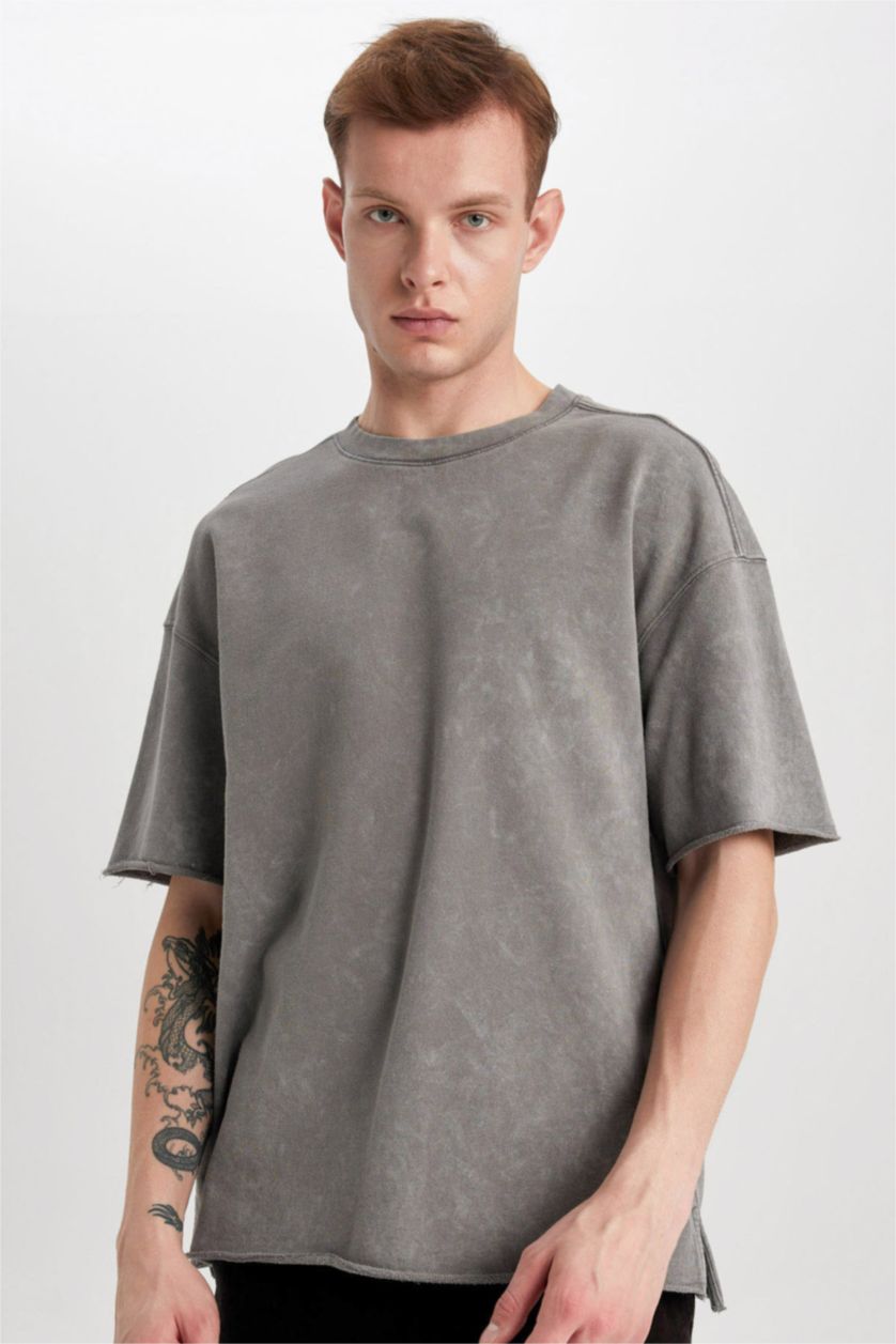 رجال رمادي تيشيرت نص ردن قصة مريحة بياخة مستديرة