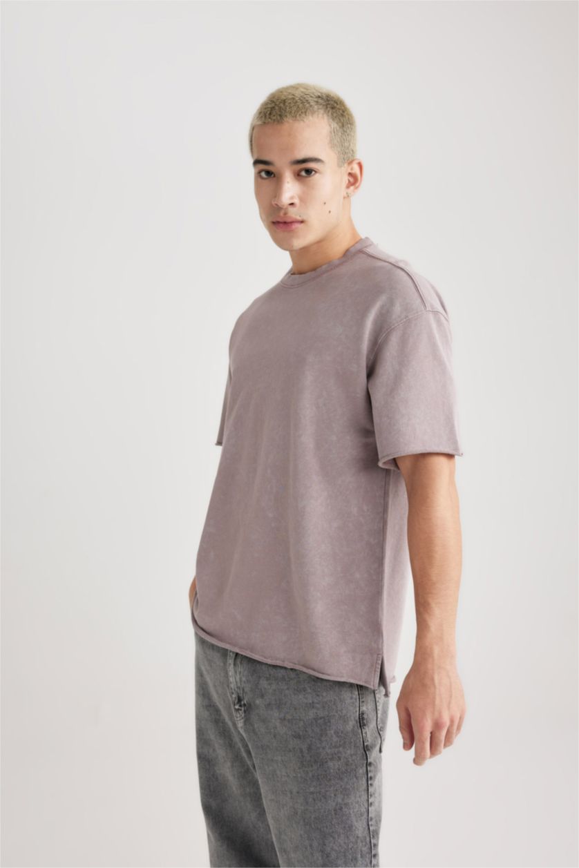 Erkek Lila Comfort Regular Fit Rahat Kalıp Bisiklet Yaka Yıkamalı Soluk Efektli Kısa Kollu Tişört