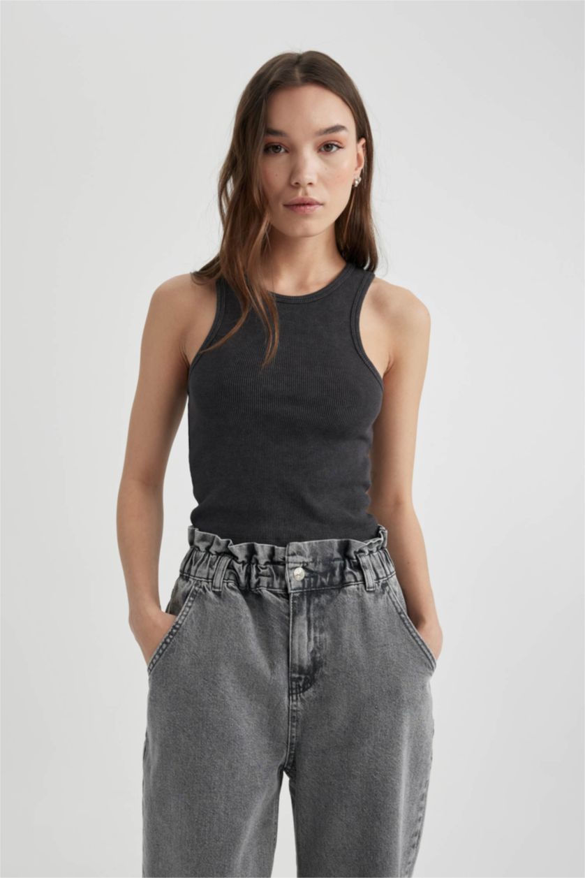 FEMME Anthracite Débardeur à effet délavé Col Rond