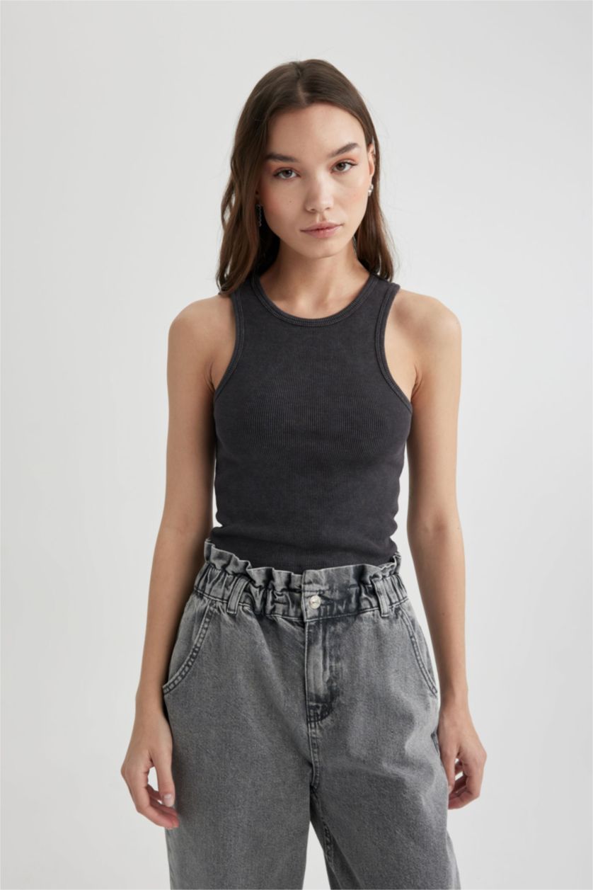 FEMME Anthracite Débardeur à effet délavé Col Rond