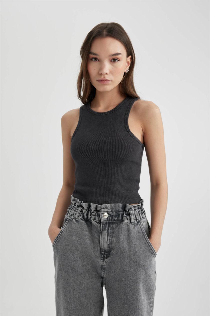 FEMME Anthracite Débardeur à effet délavé Col Rond