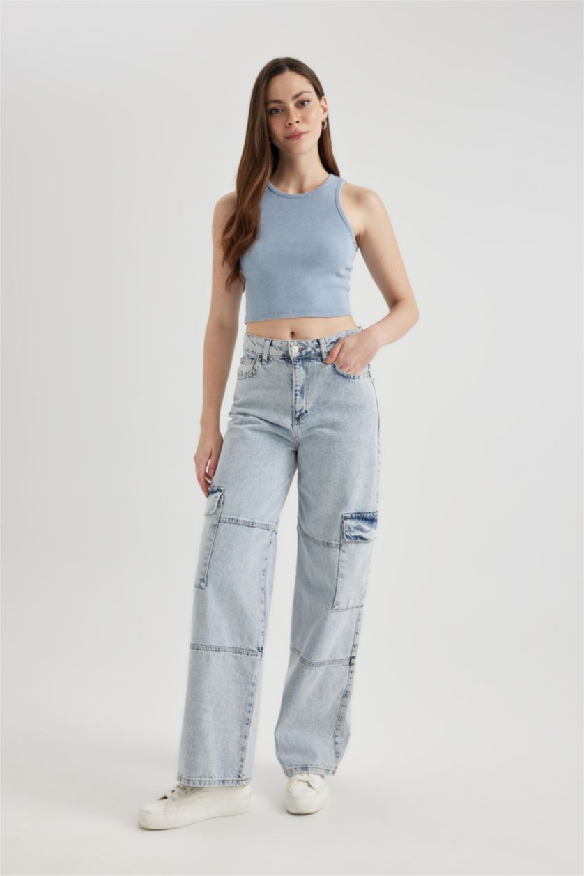 FEMME BLEU Clair Débardeur à effet délavé Col Rond