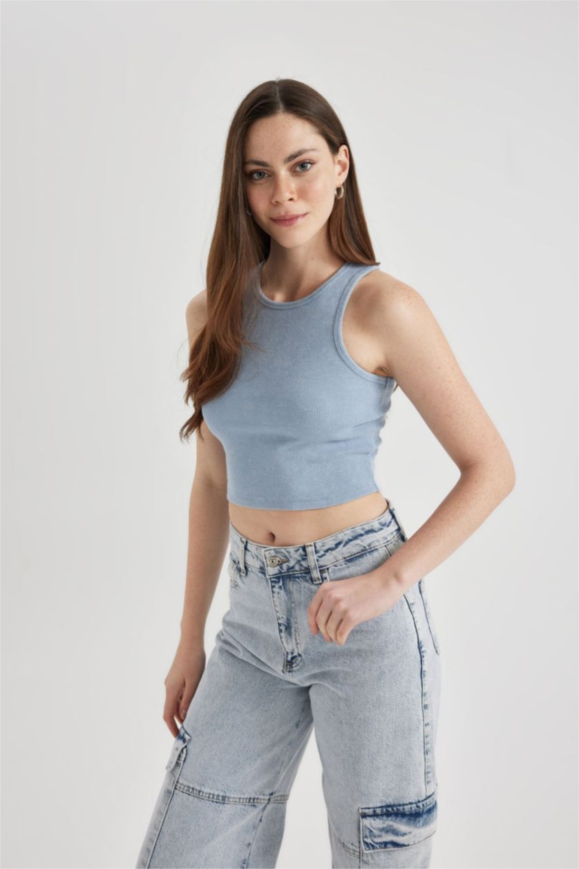 FEMME BLEU Clair Débardeur à effet délavé Col Rond