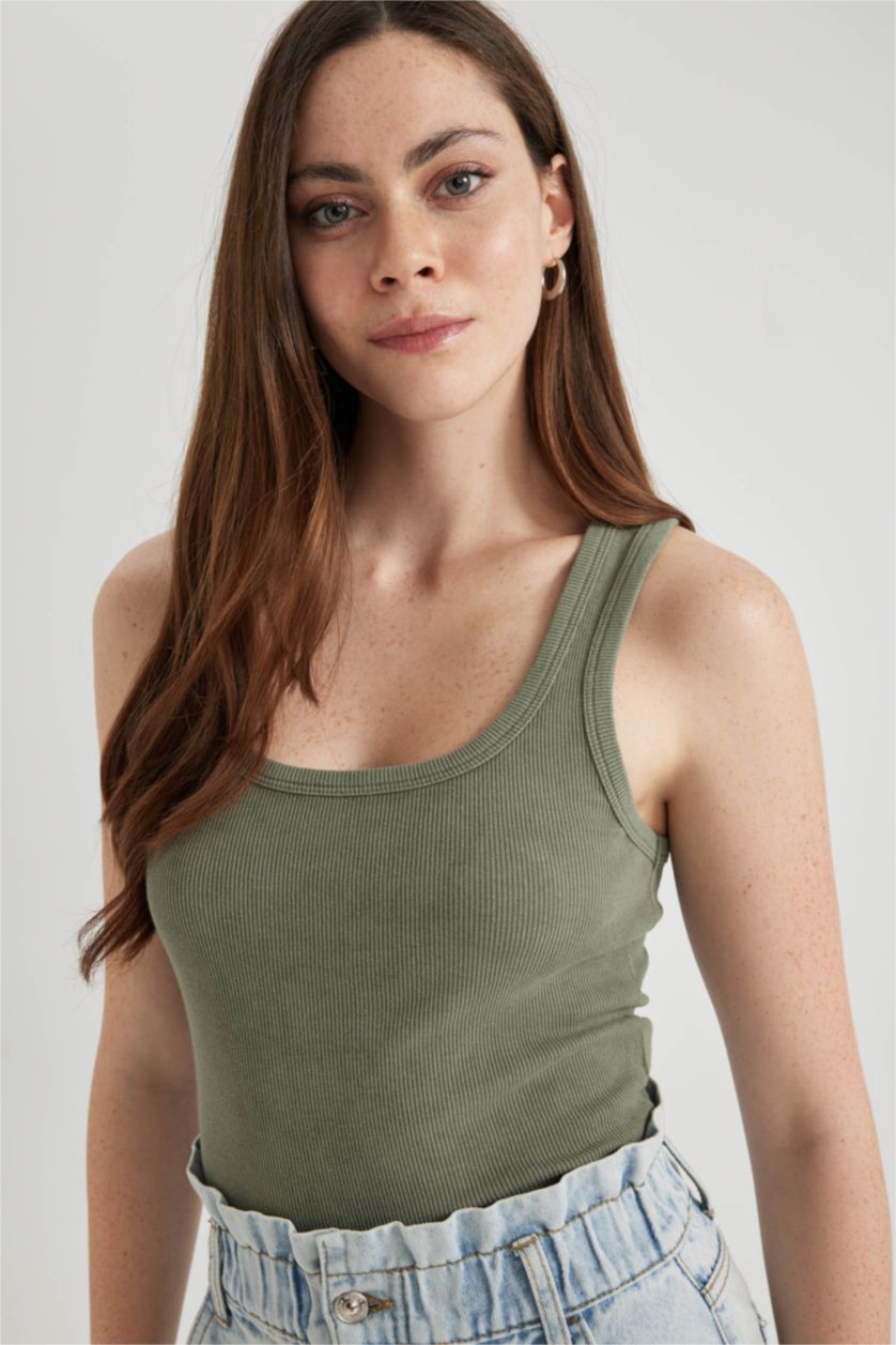 FEMME Kaki Clair Débardeur Slim à Col en U Effet Délavé et Côtelé