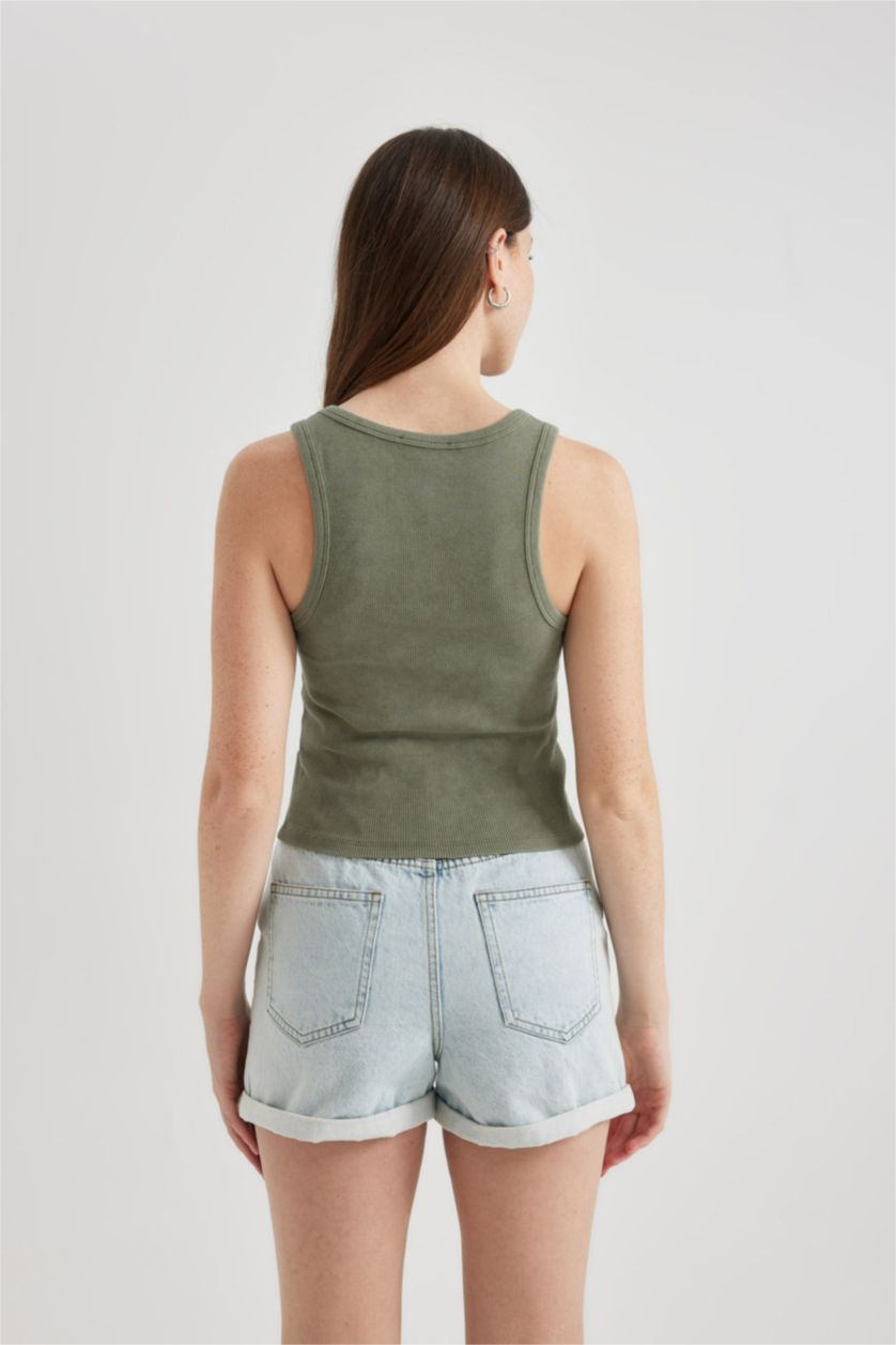 FEMME Kaki Clair Débardeur Slim à Col en U Effet Délavé et Côtelé