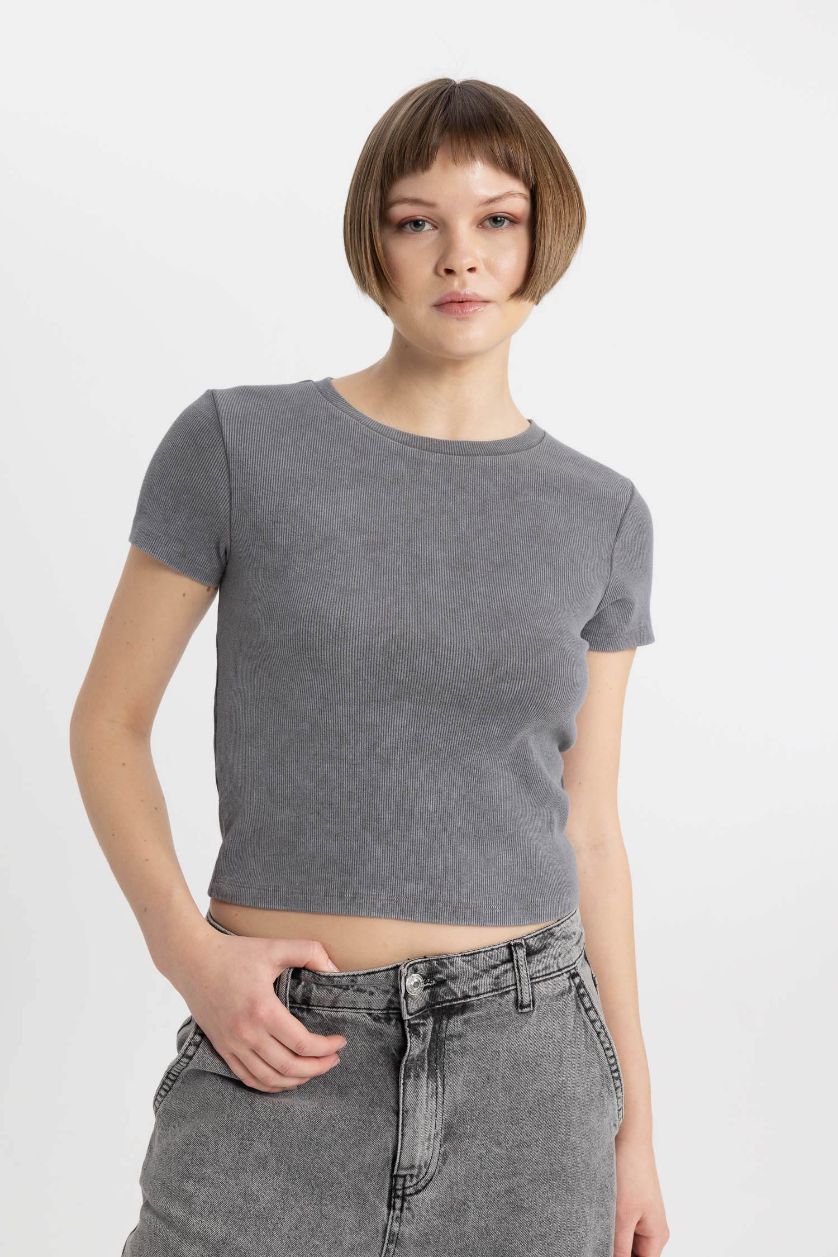 WOMAN Dark Grey Fitted Crew Neck Washed Effect Basic T-Shirt