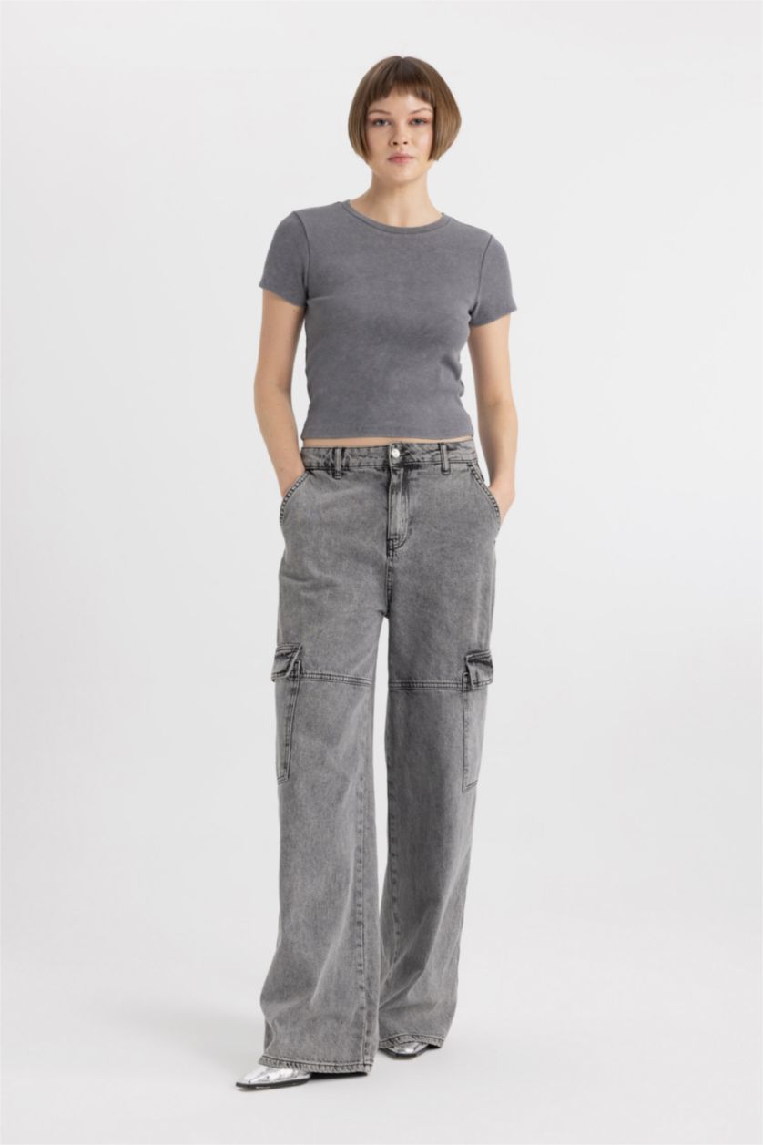 WOMAN Dark Grey Fitted Crew Neck Washed Effect Basic T-Shirt