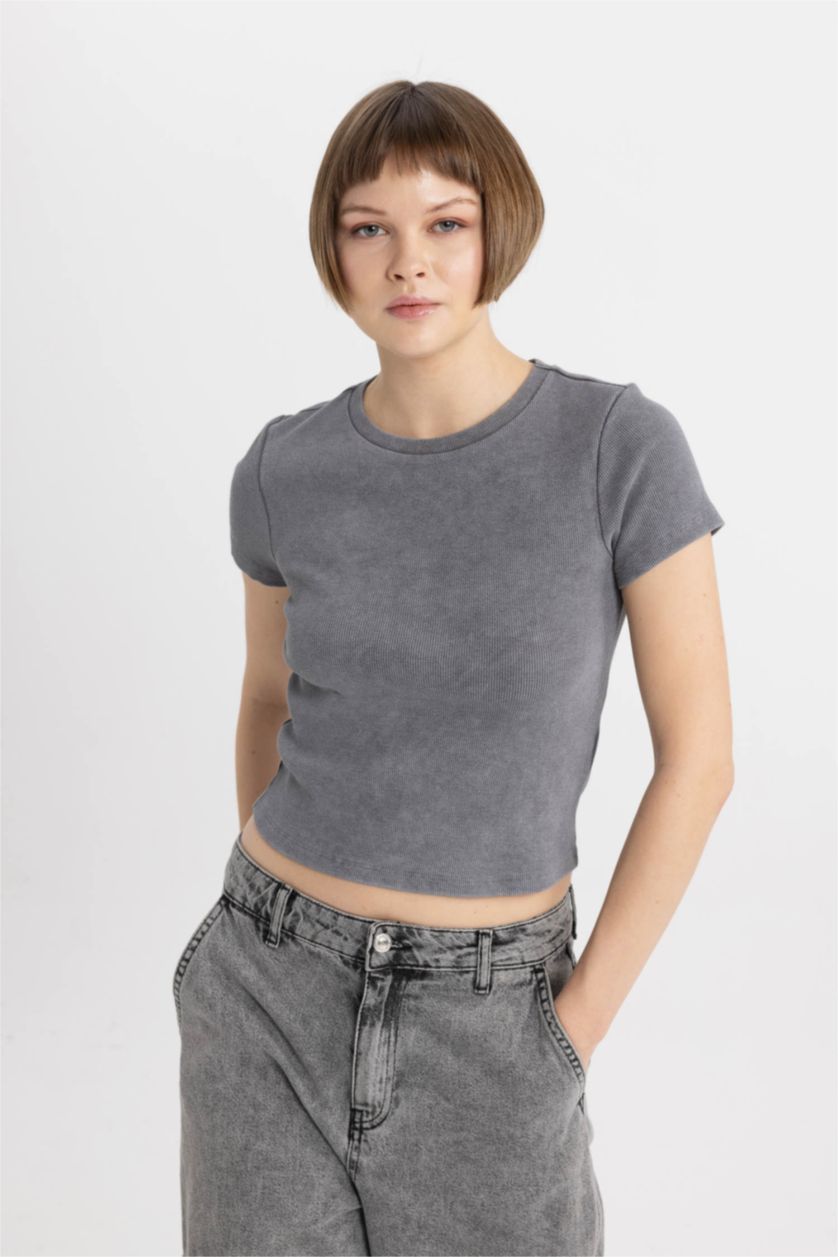 WOMAN Dark Grey Fitted Crew Neck Washed Effect Basic T-Shirt