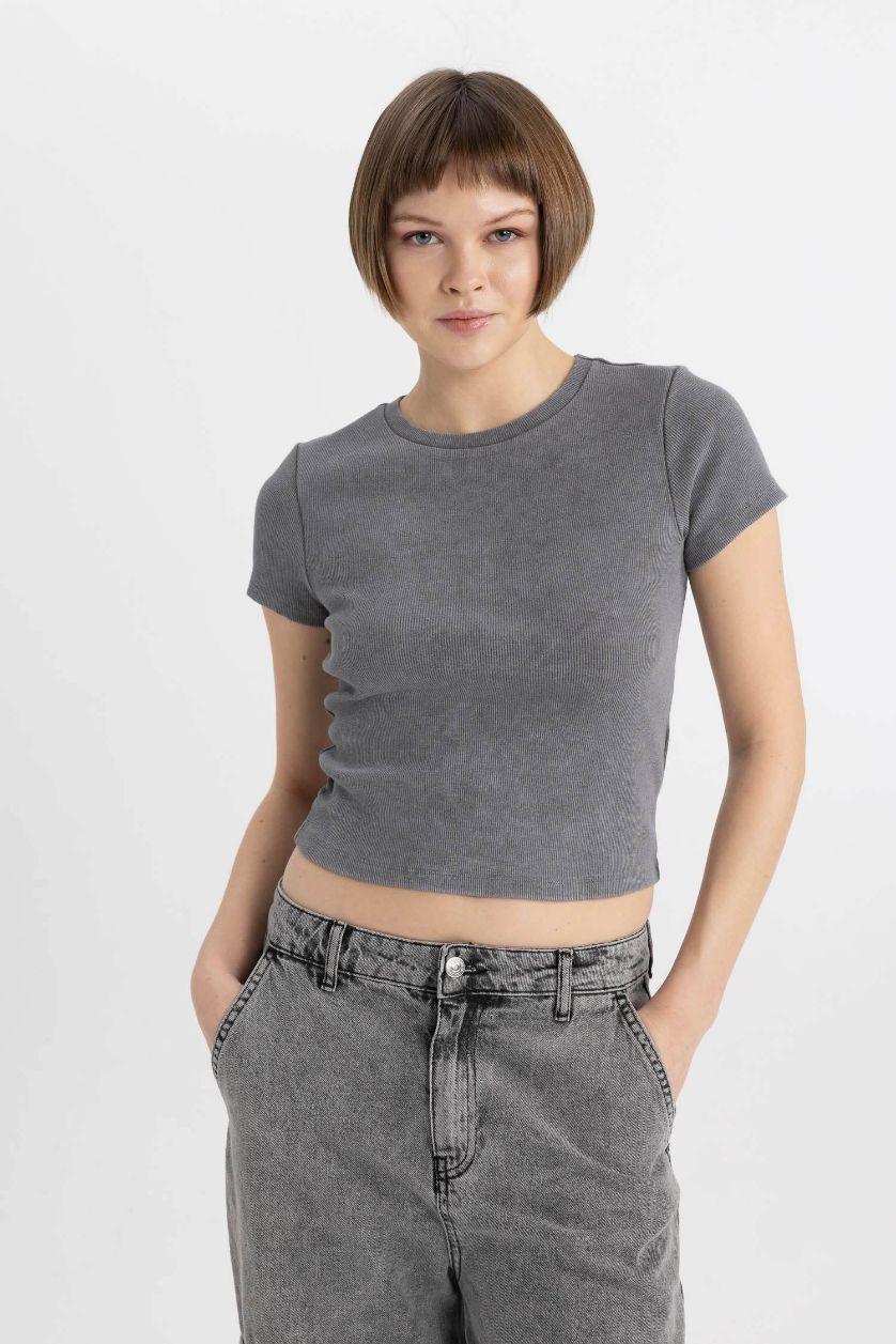 WOMAN Dark Grey Fitted Crew Neck Washed Effect Basic T-Shirt