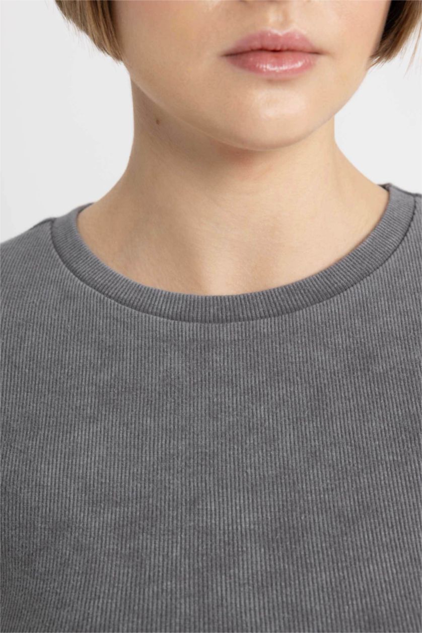 WOMAN Dark Grey Fitted Crew Neck Washed Effect Basic T-Shirt