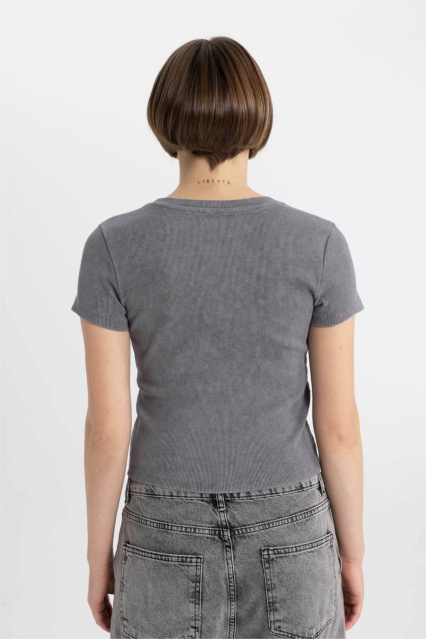 WOMAN Dark Grey Fitted Crew Neck Washed Effect Basic T-Shirt