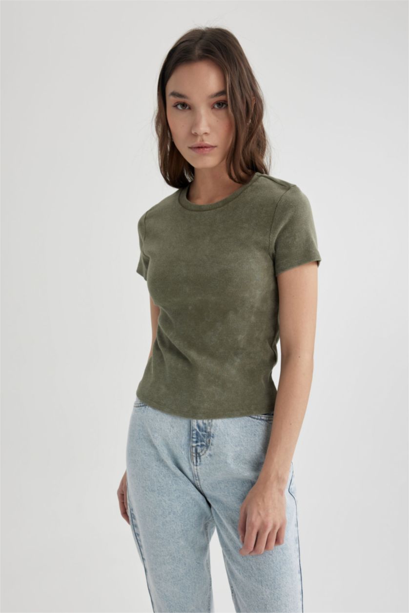 FEMME Kaki Clair T-Shirt Slim Col Rond à Manches Courtes à Effet Délavé