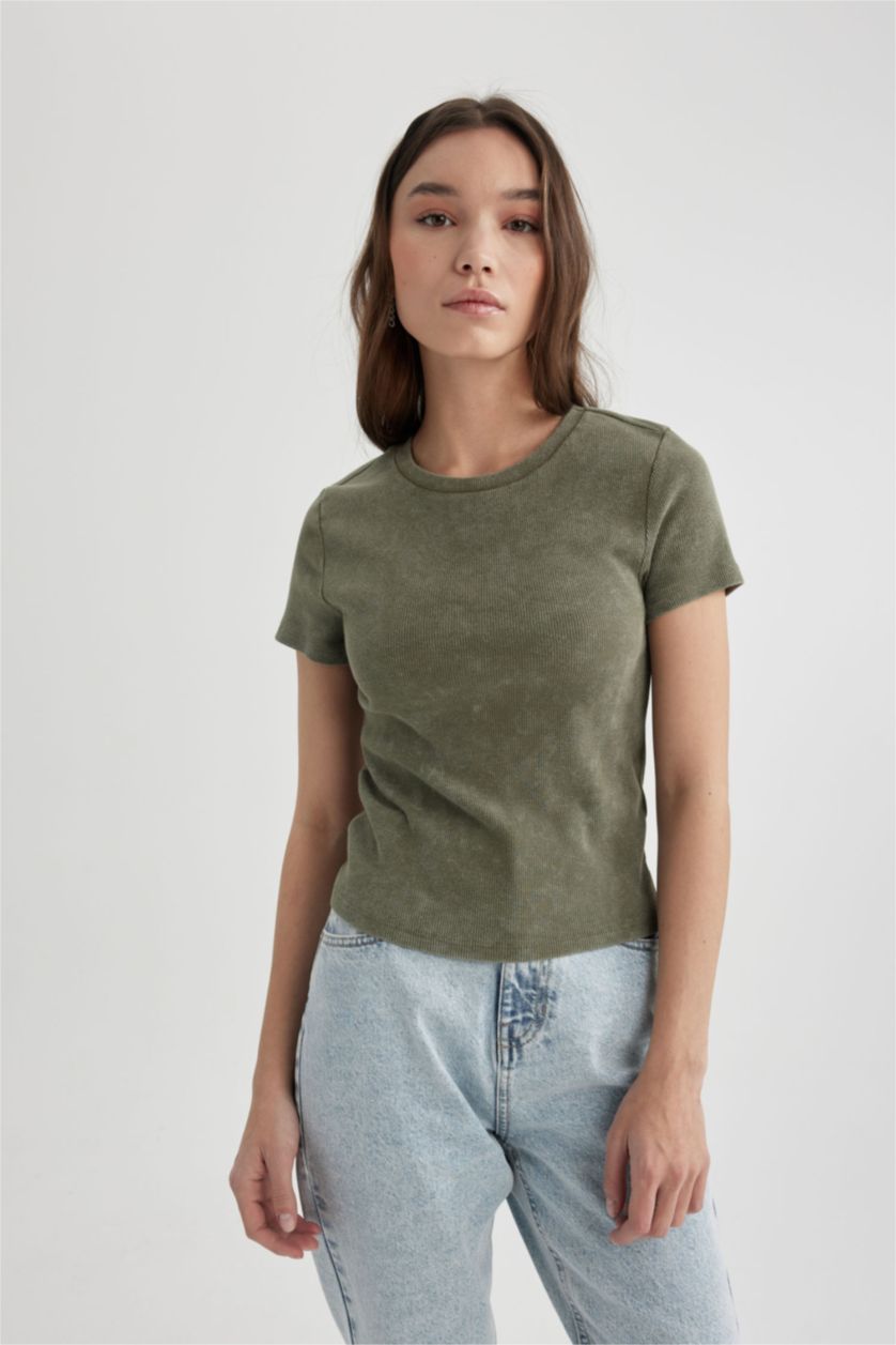 FEMME Kaki Clair T-Shirt Slim Col Rond à Manches Courtes à Effet Délavé