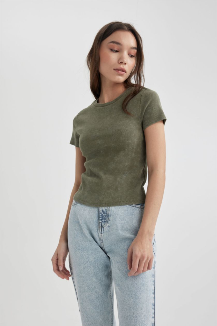 FEMME Kaki Clair T-Shirt Slim Col Rond à Manches Courtes à Effet Délavé