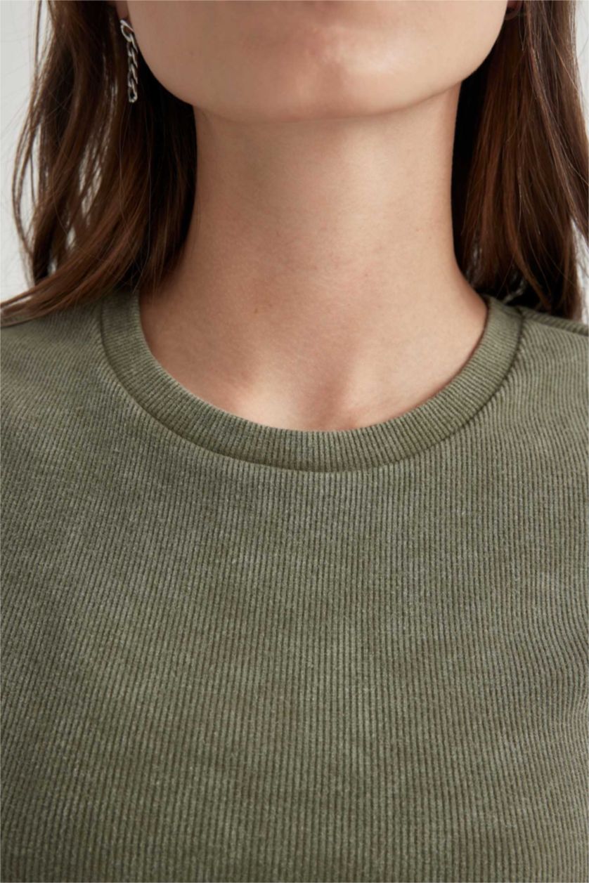 FEMME Kaki Clair T-Shirt Slim Col Rond à Manches Courtes à Effet Délavé