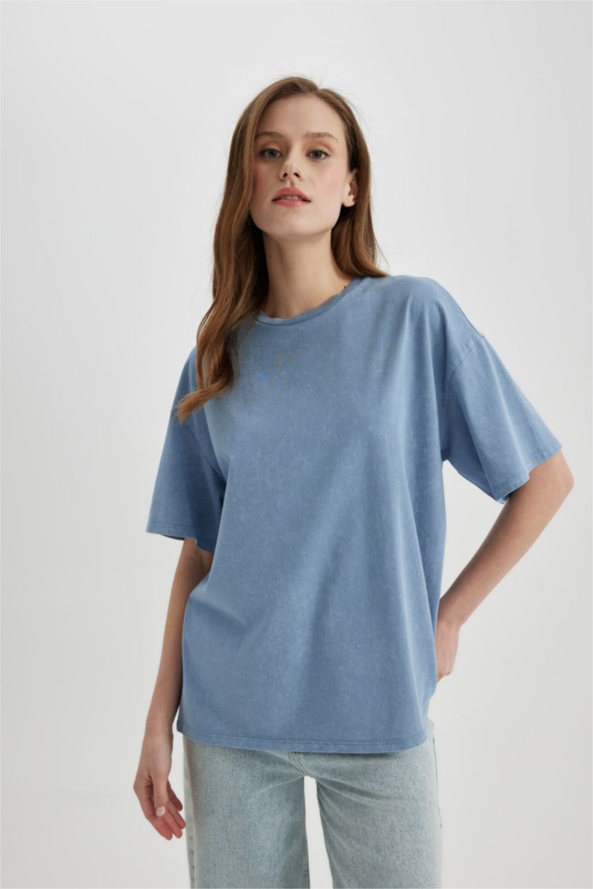 WOMAN Blue Oversize Fit Crew Neck Washed Effect T-Shirt