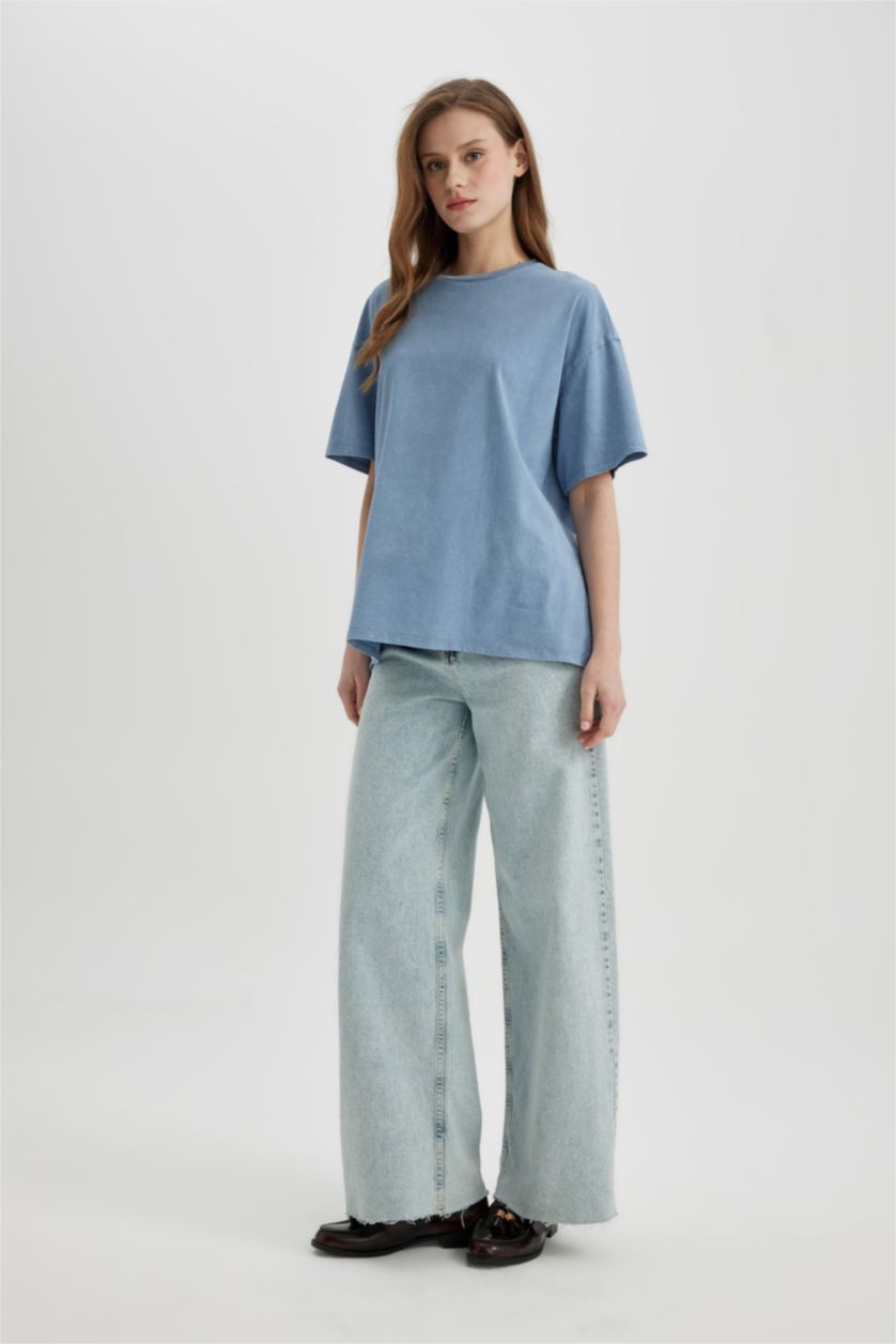 WOMAN Blue Oversize Fit Crew Neck Washed Effect T-Shirt