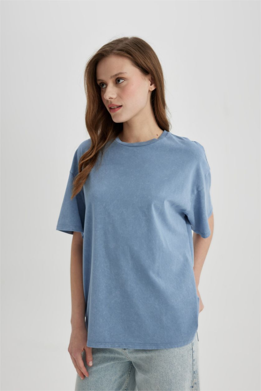WOMAN Blue Oversize Fit Crew Neck Washed Effect T-Shirt