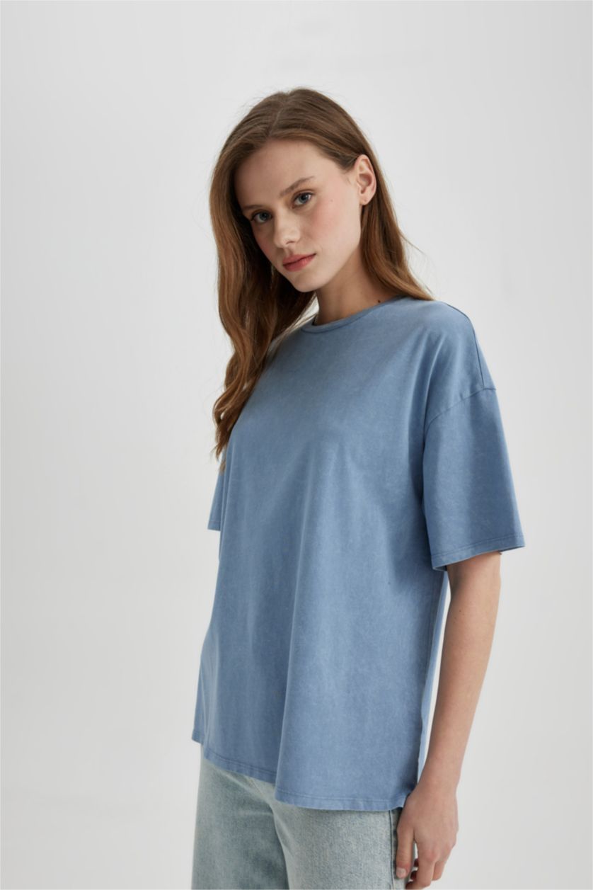 WOMAN Blue Oversize Fit Crew Neck Washed Effect T-Shirt