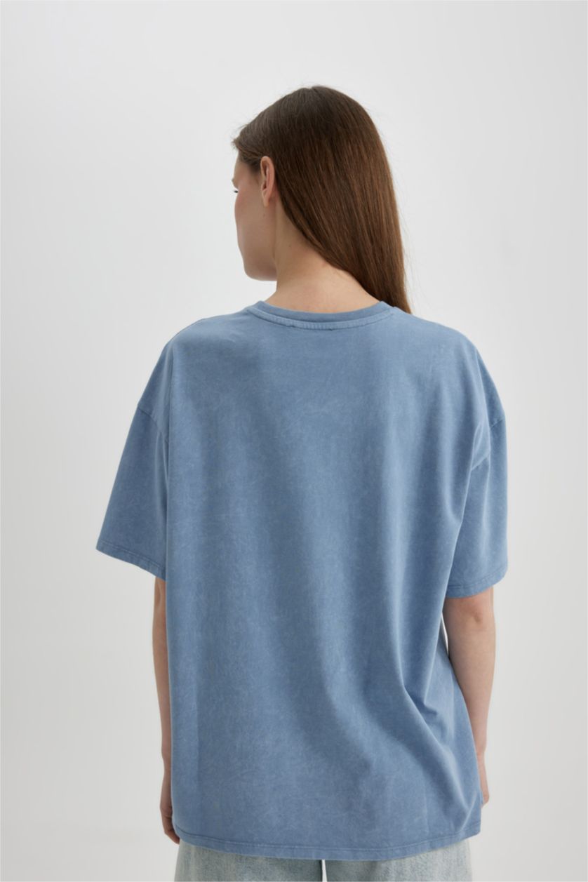 WOMAN Blue Oversize Fit Crew Neck Washed Effect T-Shirt