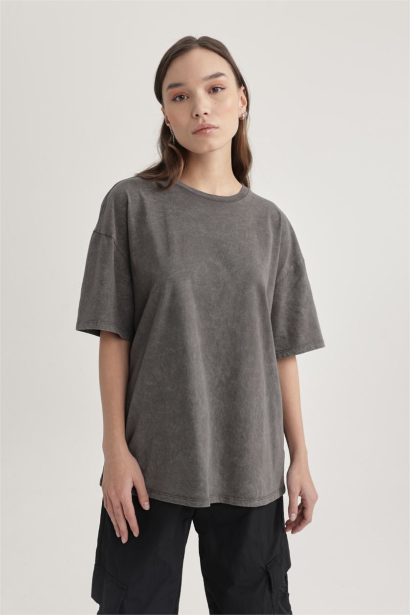 WOMAN Light Grey Oversize Crew Neck Short Sleeve Washed Effect T-Shirt