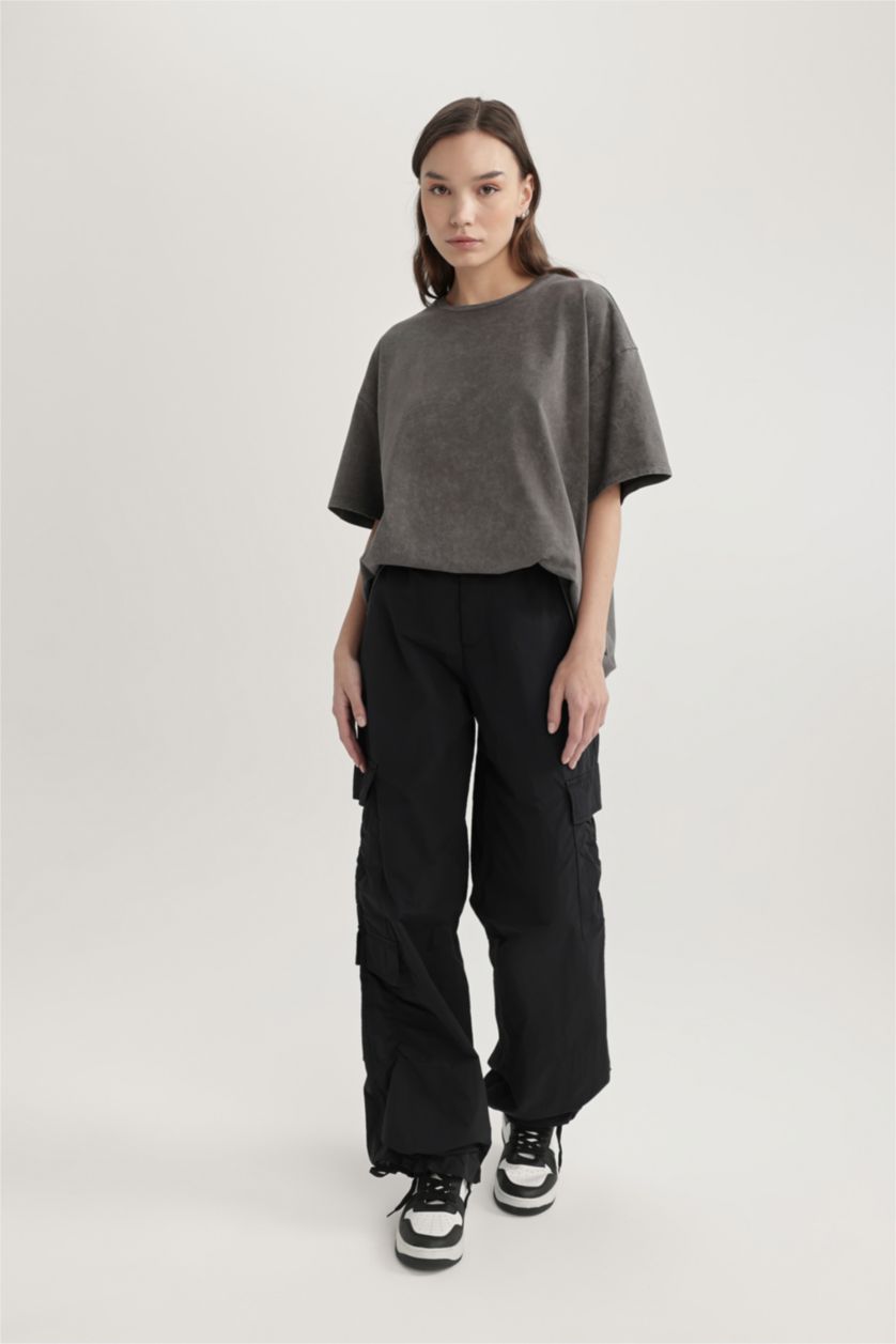 WOMAN Light Grey Oversize Crew Neck Short Sleeve Washed Effect T-Shirt