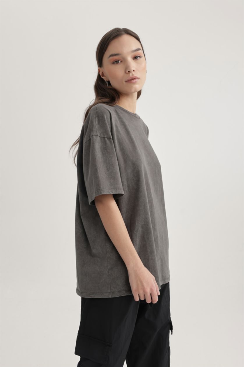 WOMAN Light Grey Oversize Crew Neck Short Sleeve Washed Effect T-Shirt