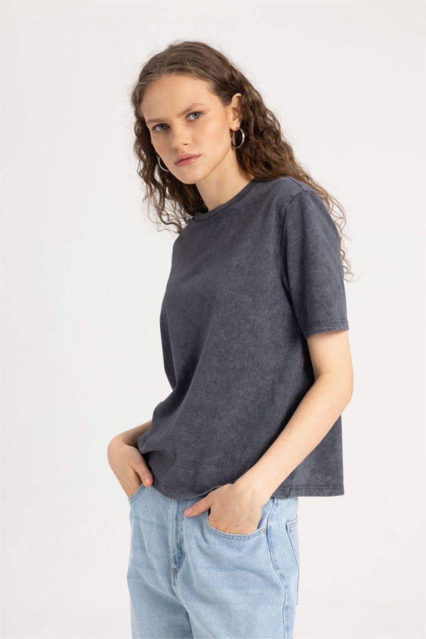 WOMAN Anthracite Regular Fit Crew Neck Washed Faded Effect Basic Short Sleeve T-Shirt