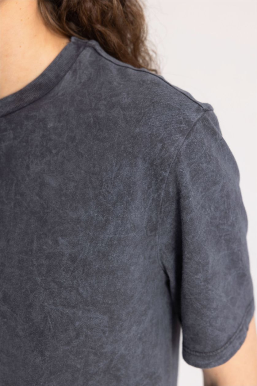 WOMAN Anthracite Regular Fit Crew Neck Washed Faded Effect Basic Short Sleeve T-Shirt