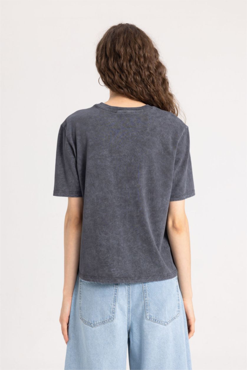 WOMAN Anthracite Regular Fit Crew Neck Washed Faded Effect Basic Short Sleeve T-Shirt